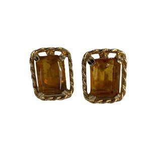 Sarah Coventry Wild Honey Earrings Vintage Clip Amber Colored Emerald Cut Rhines